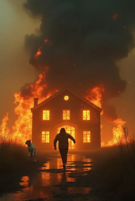 a school with fire and a person running on four legs and a dog walking on two legs