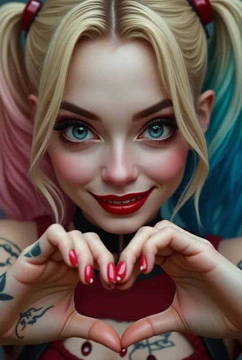 Harley Quinn close-up， Smiling with her hands stitched into a love shape，Face，Cool tattoos on hands，Beautiful and lovely style，The picture ratio is 3 to 1