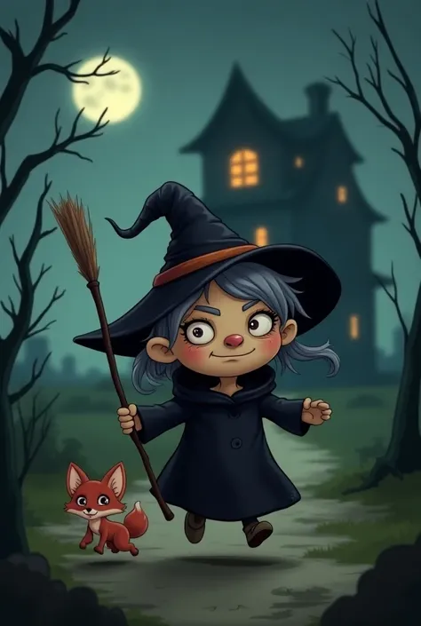 A little scary witchl. Left eye demage and fox were scared running from scary house cartoon annimeted imges 
