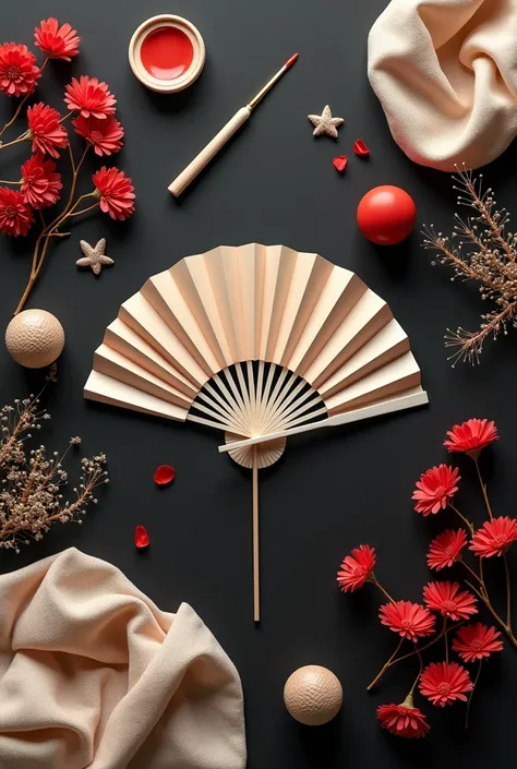 materials for making a fan of beige fabric and red paint, black and beige scattered on a black table