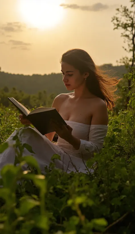 score_9, score_8_up, score_7, a picture of a beautiful woman reading a book in forest, it is sunset, the last rays of the day, some clouds in the sky, a sense of calm and serenity, dynamic clothes, dynamic hair style, dynamic clothes, ultra best realistic,...