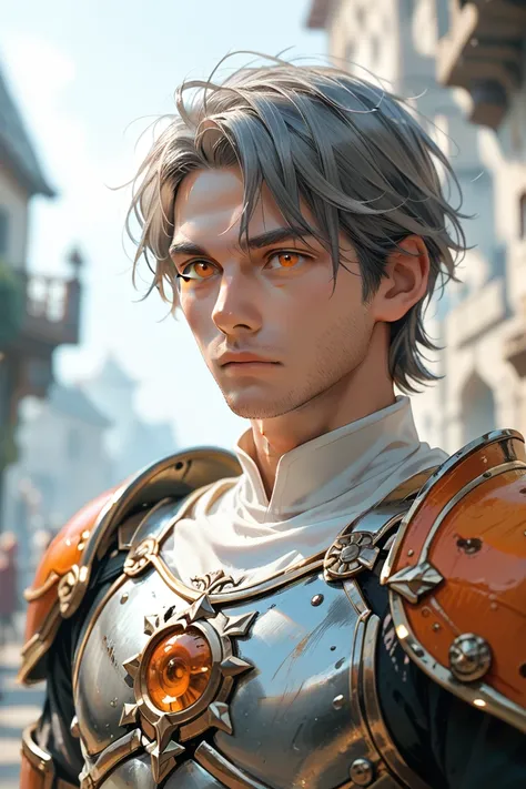 Male character gray hair and orange eyes and armor