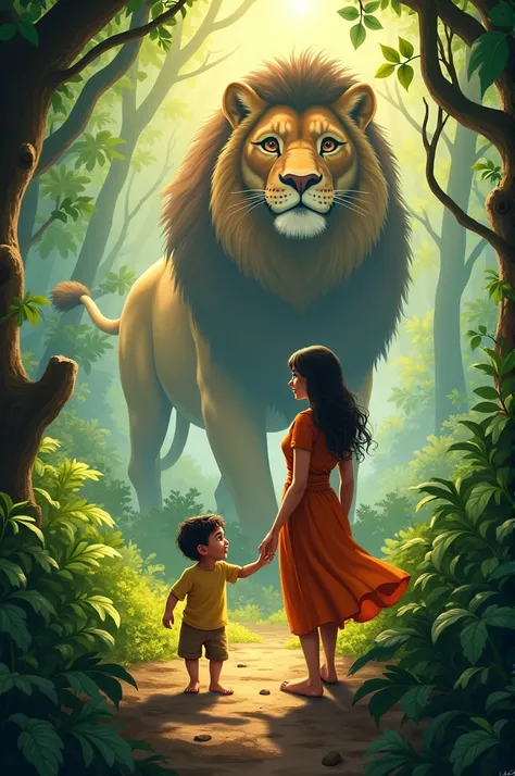 - Ek jungle ka manzar
- Aarav (baby boy) apni maan ke saath khel raha hai
- Raja (sher) jungle mein aata hai
- Aarav ki maan dar gayi hai