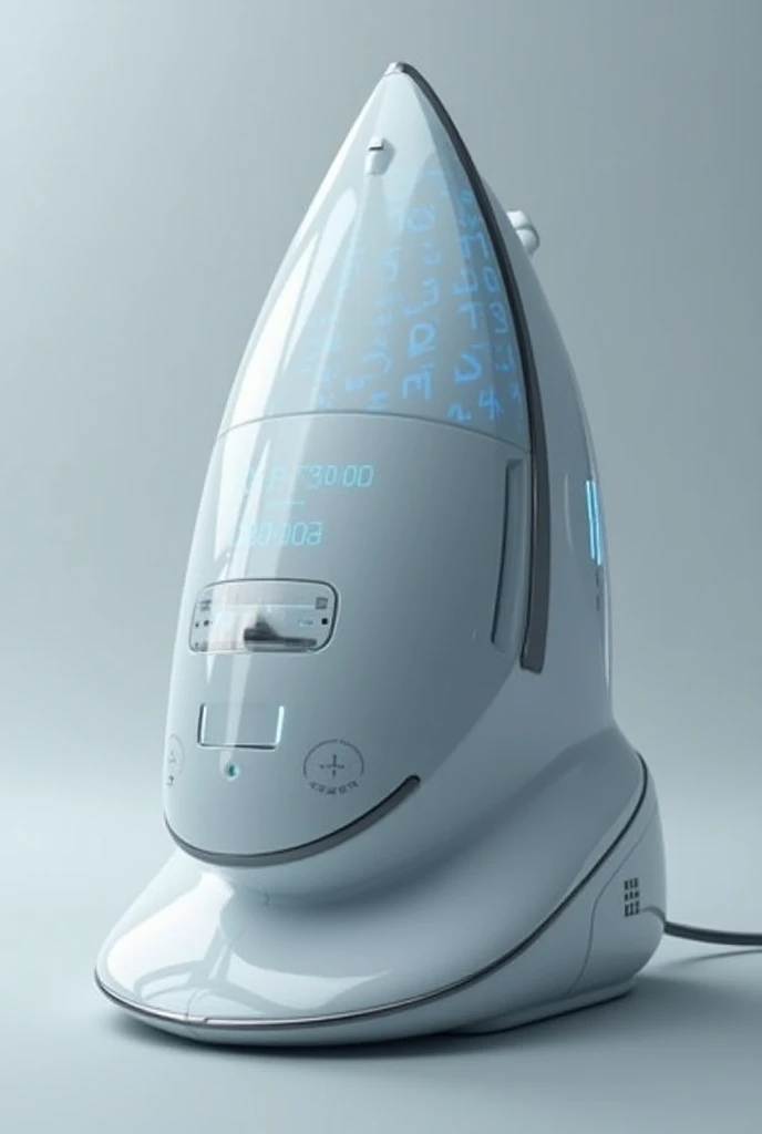 Household clothes iron, shaped and designed with wireless digital battery power , ((* and an electronic digital button design, blue numbers on the top, top, top of top, top of the iron*)