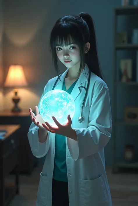 a girl in a doctors tunic holds a glowing magic ball
