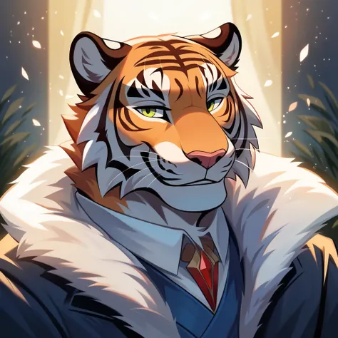 solo male, tiger , furry, smiling, orange fur, netral,  dynamic lighting, illustration, beautiful, particles (high quality,4k,8k,highres,masterpiece:1.2), ultra-detailed, impressionistic:colorful,Соло, in a coat. strolling leisurely through the autumn park