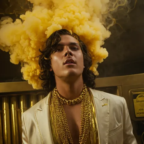 The room fills with huge plumes of thick gold smoke as the 22 year old male is in a trance with glowing golden eyes and slowly the smoke causes his entire body, hair and face to turn a dripping metallic gold. A glowing metallic golden collar appears around...