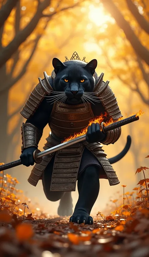 "A dark panther in ancient samurai armor, walking straight forward, wielding a flaming katana. The bright afternoon sun shines through an autumn forest, with golden leaves swirling as the cat moves."
