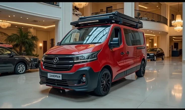 "Create an image of a rugged, modern camper van with a bold red exterior, black accents, and a sleek design. The van should have a custom grille with LED headlights and a roof rack, creating an off-road-ready appearance. It is displayed in an elegant, indo...