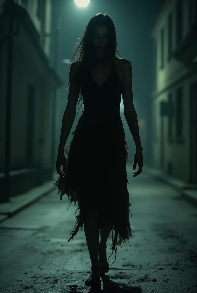 A haunting image of a woman walking slowly at night, dressed in tattered, torn clothes. Her limbs appear twisted and unnatural, adding to the disturbing appearance. The dim light casts eerie shadows, highlighting her disheveled, eerie look as she moves dow...