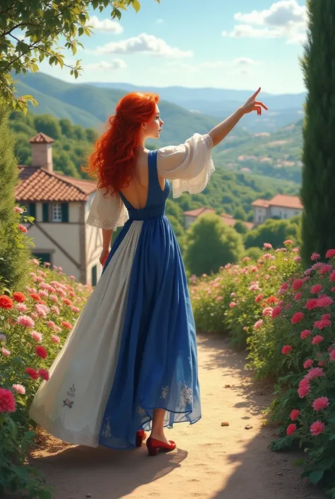 Redheaded woman dressed in a dress in the colors of France pointing to a few things in the distance 