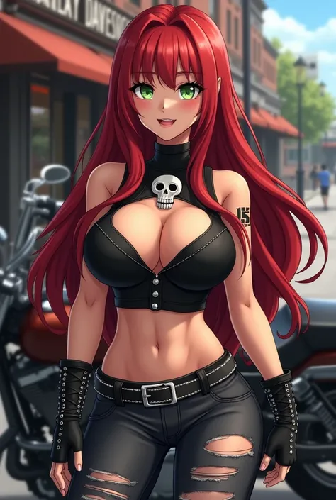 Huge breasts, lots of cleavage, big breasts, Anime Woman in her thirties, long Red Hair, Green eyes, black crop top with cute Skull, dark Grey ripped Jeans, black leather Boots, with black fingerless Gloves, Standing in Front of a Harley davidson.