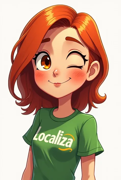 I want a cartoon of a red-haired girl with medium hair , brown eyes and wearing a green blouse with the Localiza logo and on her face I want her with a blink in her eye and with those war marks on her face