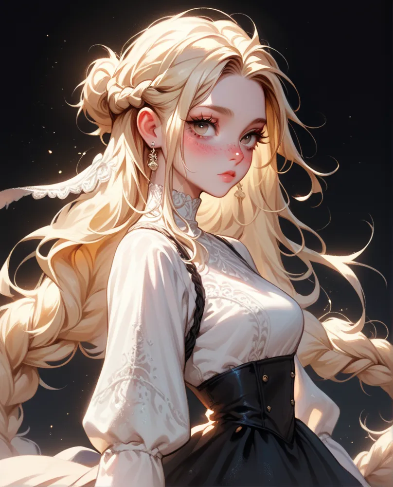 score_9, score_8_up, 1girl, solo, long hair, blonde hair, dress, very long hair, braid, long eyelashes, blush, freckles, dark, black background,
