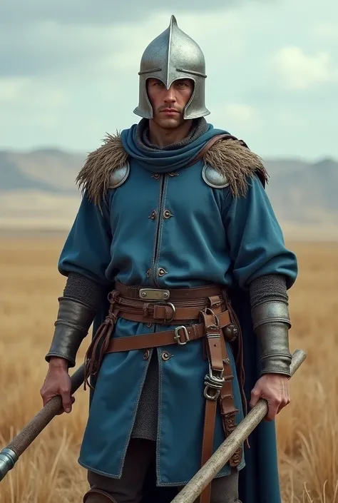 Un guerrier du moyen age portant une tunique en cuir bleu et une lance il porte un petit casque en fer et se trouve dans une plaine en position de combat 