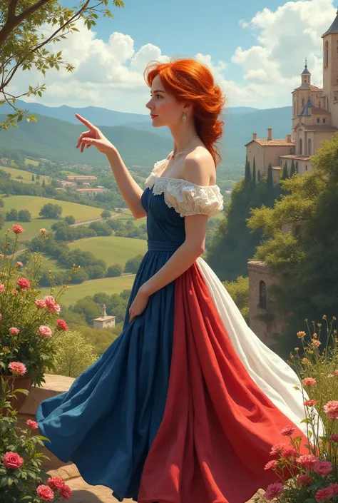 Redheaded woman dressed in a dress in the colors of France pointing to a few things in the distance 