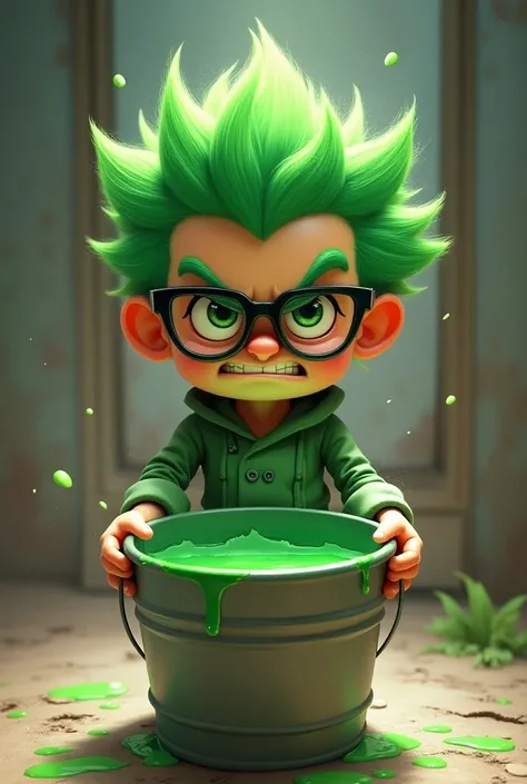 Varu from 13 cards . Vara has green hair and glasses of the same color, which, by the way, he never takes off . He is very playful and generally a bully in life . I want a photo of him holding a bucket of green paint in his hands and have him look at the c...