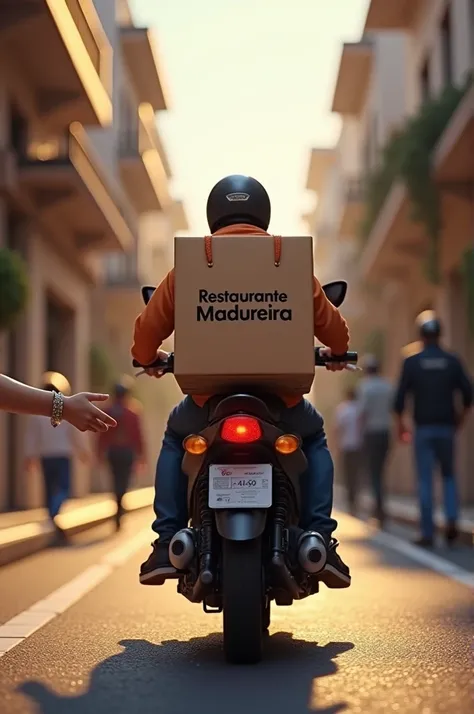 I wanted a 3D image of a motorbike with a delivery backpack from the Madureira restaurant delivering a delivery package in a craft bag written by Restaurante Madureira into the hands of a customer