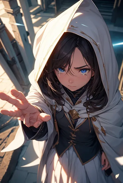 A powerful wizard High Resolution, Long Hair, Hood, Tears, Depth Of Field, From Above, From Below, Motion Lines, Foreshortening, Lens Flare, Backlighting, Masterpiece, Anatomically Correct, 