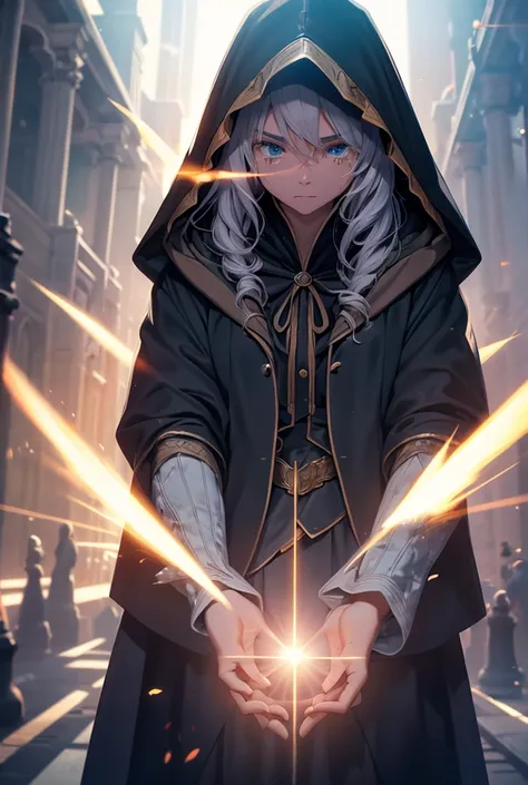 A powerful wizard High Resolution, Long Hair, Hood, Tears, Depth Of Field, From Above, From Below, Motion Lines, Foreshortening, Lens Flare, Backlighting, Masterpiece, Anatomically Correct, 