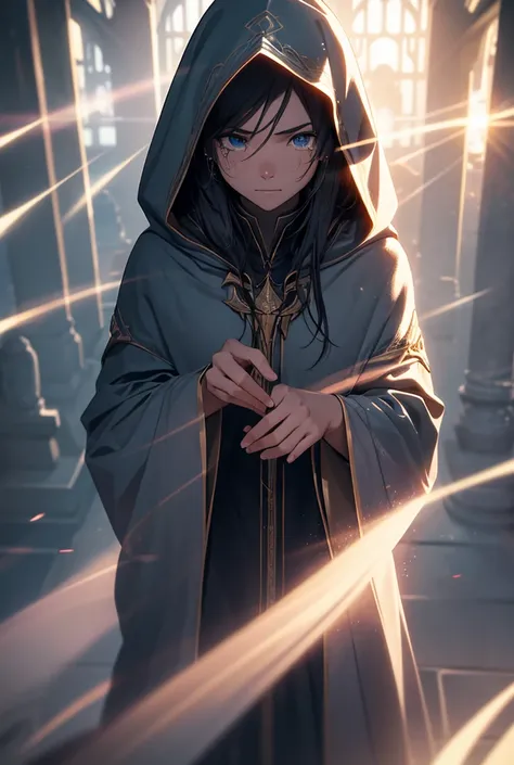 A powerful wizard High Resolution, Long Hair, Hood, Tears, Depth Of Field, From Above, From Below, Motion Lines, Foreshortening, Lens Flare, Backlighting, Masterpiece, Anatomically Correct, 