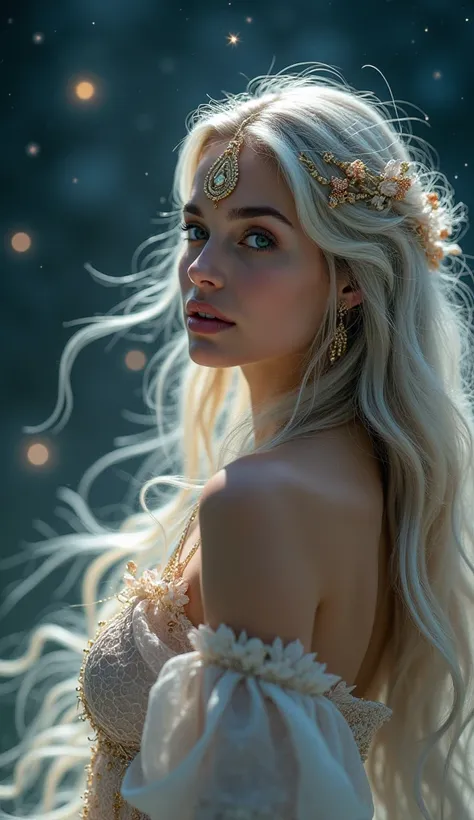 A mystical scene with a beautiful young woman representing Sagittarius, her face mirrored by a clone with a Sagittarius accessory on its forehead. She has flowing hair and an enchanting gaze, dressed in ethereal clothing. In the background, symbols of Sagi...