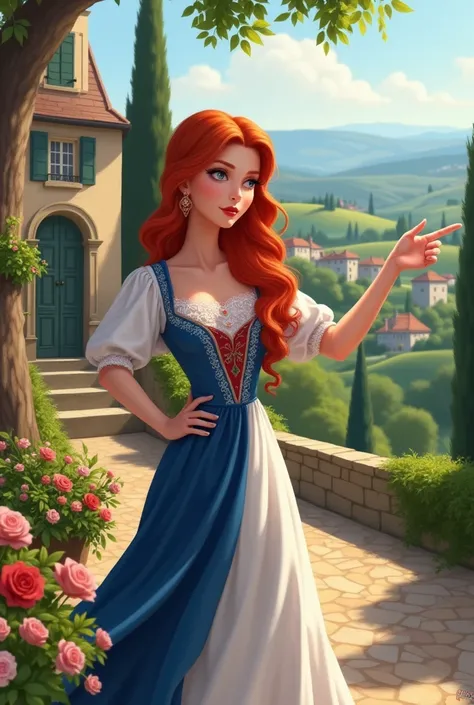 Redheaded woman dressed in a dress in the colors of France pointing to a few things in the distance 