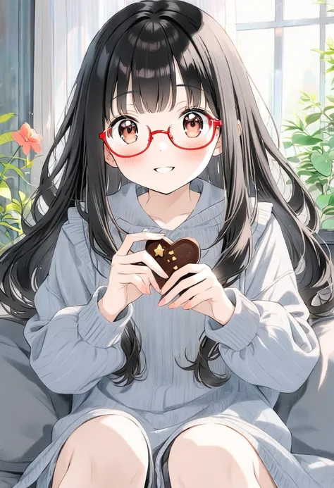 ((style:Colored pencil,pale colour)),(anime), (masterpiece:1.2),1girl, , brown eyes are shining and cute, black hair, long hair, extremely detailed neat hair,Straight hair, tareme, ((red-rimless eyewear:1.2)), star earrings, medium breasts, smile, blushful...