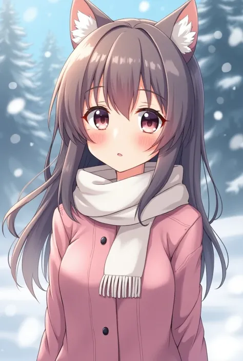 Make a cute winter anime girl with very slightly open breasts 