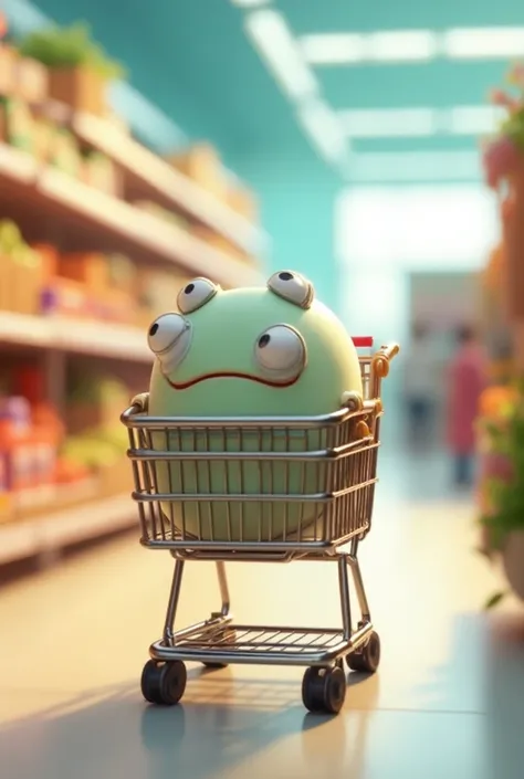 An image of a self-sufficient shopping cart that looks like a normal shopping cart outside inside the supermarket cartoon