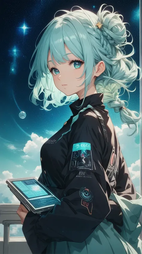 An anime girl with curly, shoulder-length pastel mint hair, styled with a small braid on one side. add light on face to highlight. She wears a fitted black shirt with shiny silver buttons and a white undershirt peeking out at the collar. She stands with an...