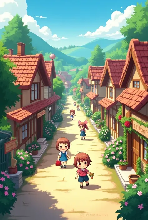  anime happy residents of an anime magical settlement are doing something in the village among little houses . cozy cute picture dim 
