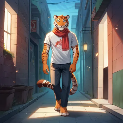 solo male, tiger , furry, smiling, orange fur, netral,  dynamic lighting, illustration, beautiful, particles (high quality,4k,8k,highres,masterpiece:1.2), ultra-detailed, impressionistic:colorful,Соло,black T-shirt and scarf, strolling leisurely through th...