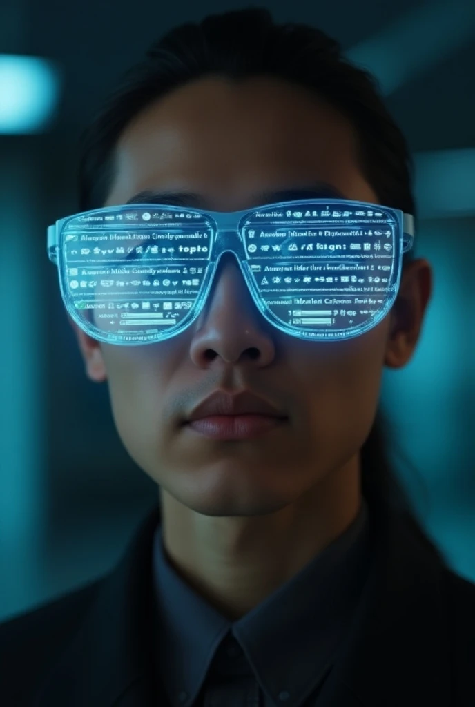 a person with A close-up shot of the "Spectre" glasses, showing a holographic display with a series of questions and answers. The questions are written in a classic font, while the answers are displayed in a futuristic, digital font, suggesting that the an...