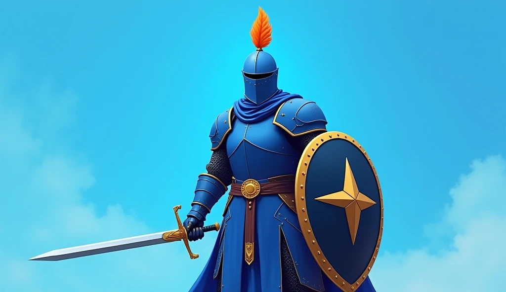 「 knight character dressed in blue armor 、The whole body is covered with armor 、 and the design is faceless 。 has a sharp sword in the hand 、 and a round shield with a black and gold border on the other hand。 has an orange feather decoration on top of the ...