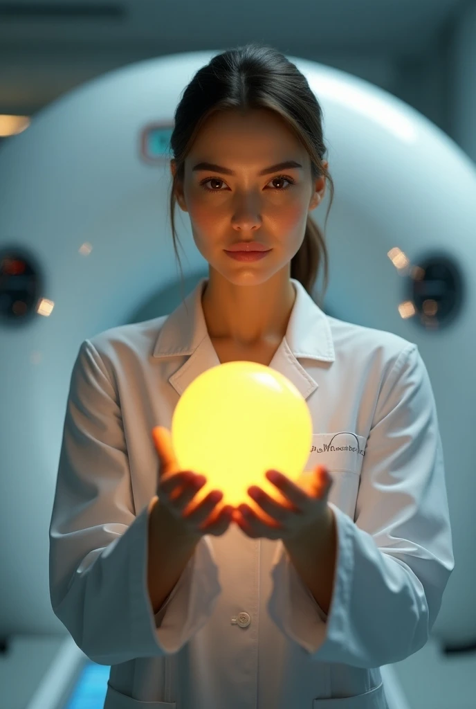 European female doctor in a doctors tunic holds a glowing yellow magic ball against the background of a PET CT machine