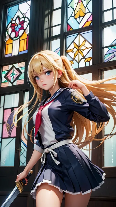 Best Quality, Realistic, photoRealistic,, Cinematic Light, 、The Atrium Association 、 the whole building is visible 、Armed High School Girl 、 cute high school girl looking sideways、 Blonde High School Girl Equipped with a Sword 、 flat chest、 sailor suit、 is...