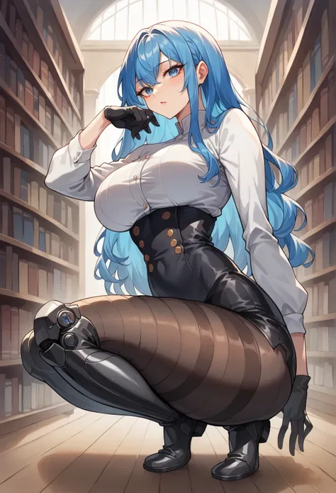 Very beautiful woman,(Very exquisite beautiful face and eyes), sky blue hair, blue eyes,
(White shirt , black high-waist short shorts, black thigh high boots, black vertical-striped pantyhose , Black gloves,  ),  library,  Cowboy Shots ,  
(Best Quality,ma...