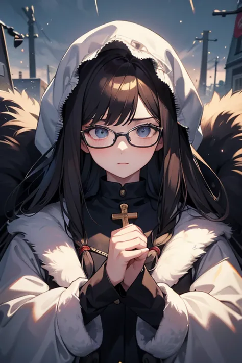 best quality、masterpiece、high sensitivity、 hi-res、detailed explanation、 slender woman protecting her hands 、glasses、 fur coats、 ...