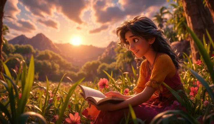 score_9, score_8_up, score_7, a picture of a beautiful woman reading a book in forest, it is sunset, the last rays of the day, some clouds in the sky, a sense of calm and serenity, dynamic clothes, dynamic hair style, dynamic clothes, ultra best realistic,...