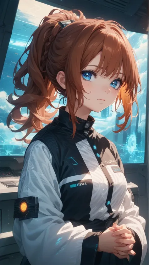 A calm anime girl with mid-length auburn hair, tied back in a loose ponytail, and soft blue eyes, dressed in a structured white button-down shirt with reflective, silver accents on the sleeves. add light on face to highlight. She stands with her hands clas...