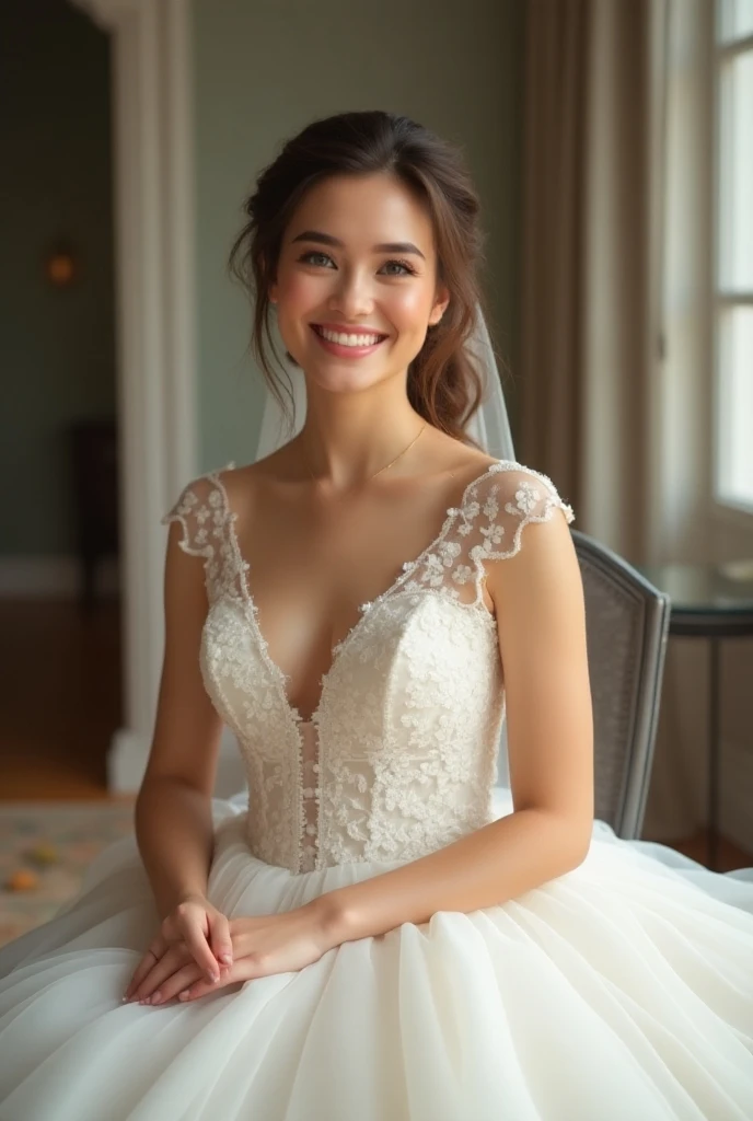 a desk inside a photo of a woman smiling blue-eyed brunette wedding dress