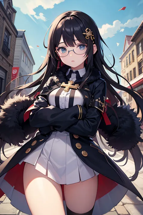 best quality、masterpiece、high sensitivity、 hi-res、detailed explanation、 slender woman protecting her hands 、glasses、 fur coats、 ...