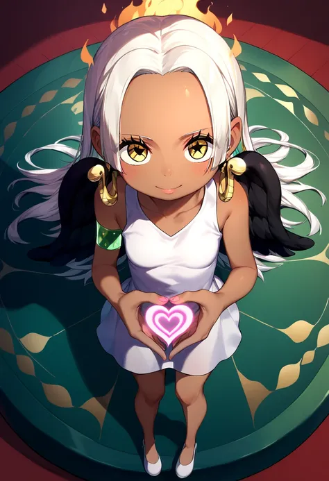 UHD, retina, textured skin, high details, high quality, best quality,  highres icon, 1080P, HD, 16k、1 Girl,Earthsnake , Long Hair, white hair, Brown Skin、,  earrings for a woman alone, Yellow Eyes, symbol-shaped pupils,  black wings  ,  small breasts.  sun...