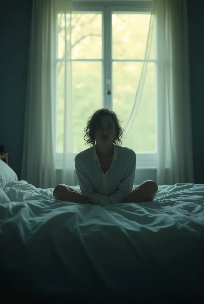 "A calm, early morning scene inside a quiet bedroom. A person is sitting up in bed, looking around with a dazed expression, as if just waking up from a nightmare. Soft daylight filters through the window, creating a comforting contrast to the previous nigh...