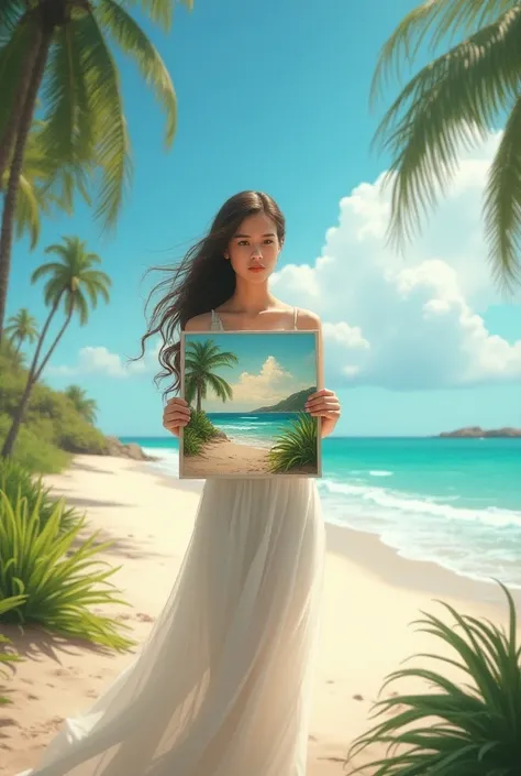 A beautiful girl holding a painting on the beach