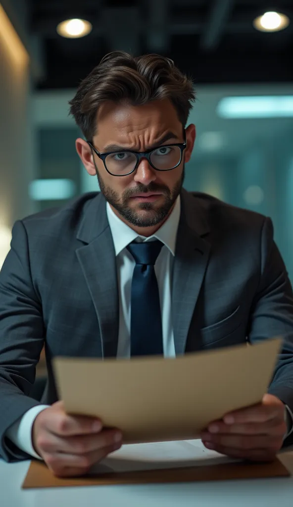 (tense office lighting) {a stern, boss in a gray suit and glasses, looking down at the project folder with a disapproving expres...