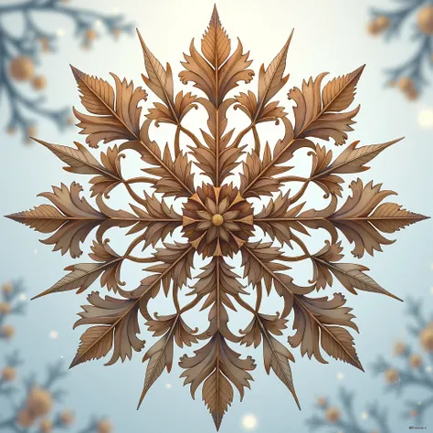 there are a multitude of snowflakes made up of brown and ivory leaves, detailed drawing, detailed painting, winter thorn blessing, mandala ornament, ice crystal armor