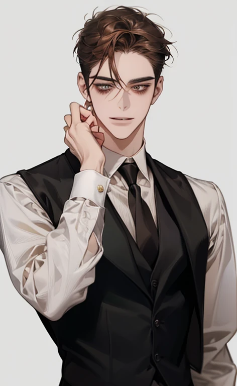 (masterpiece,best quality,ultra_detailed,highres,absurdres),1 mature male, 30-ish, (wide shoulder), (muscular), male focus, solo, brown undercut hair, chain, shirt, black necktie, necktie, simple background, yellow eyes, upper body, vest, short hair, looki...