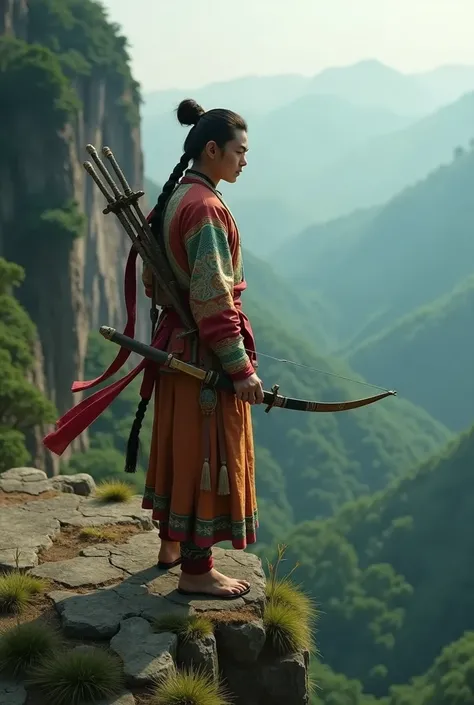 Low angle shot, handsome 18-year-old Chinese man, wearing Hmong tribal costume, on a cliff, holding a sword in his hand, carrying a bow on his back, with a tiger in the distance, and a forest beneath the cliff.